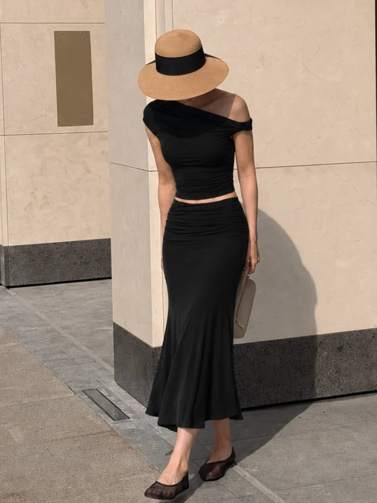 Aveline Ruched Set — Off-Shoulder Midi Co-Ord