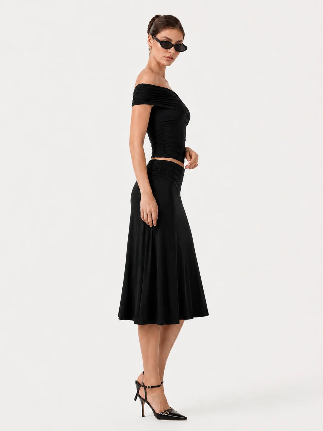 Aveline Ruched Set — Off-Shoulder Midi Co-Ord