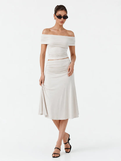 Aveline Ruched Set — Off-Shoulder Midi Co-Ord
